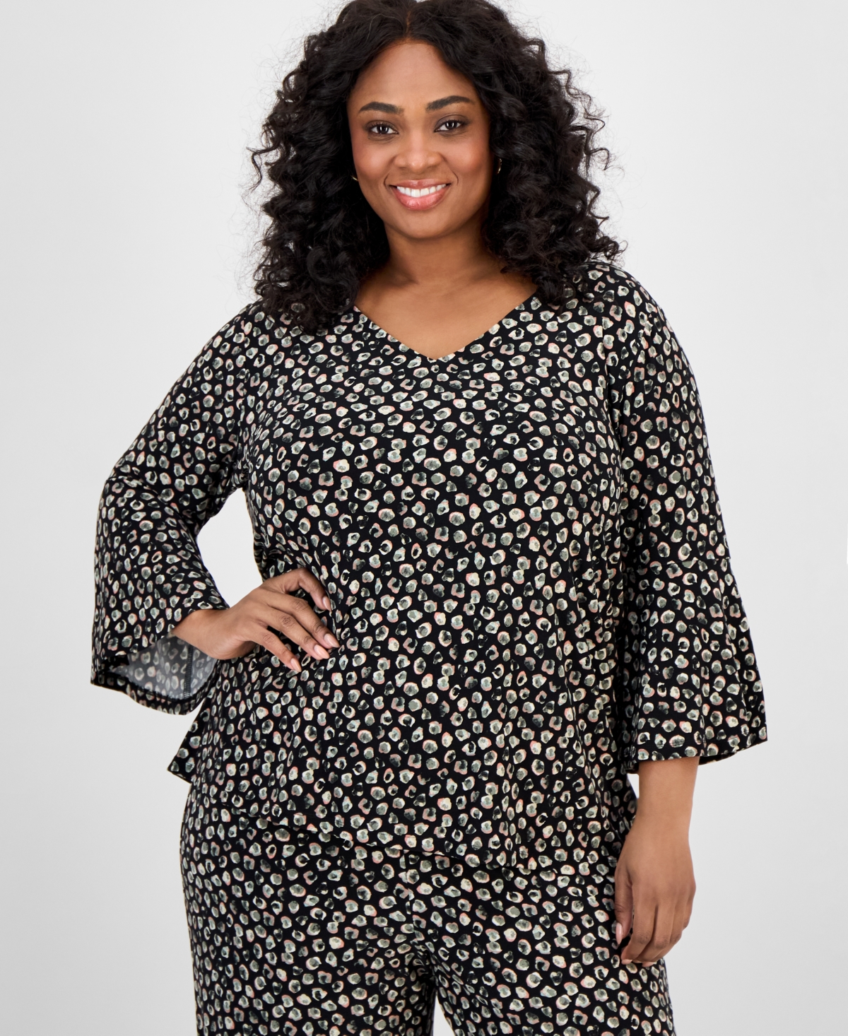 Plus Size Printed Bell-Sleeve Blouse - Dark Sea Stone Multi