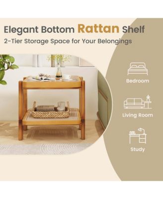 1 PCS End Table with Tempered Glass Top Acacia Wood Legs Rattan Storage Shelf