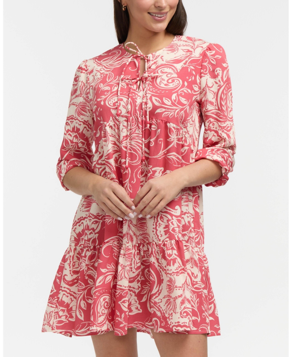 Women's Tiered Dress with Double Tie Neckline - Coral batik floral