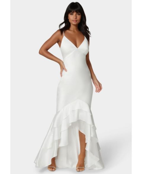 Женские платья Bebe Tiered Satin High Low Gown, цвет: Белый