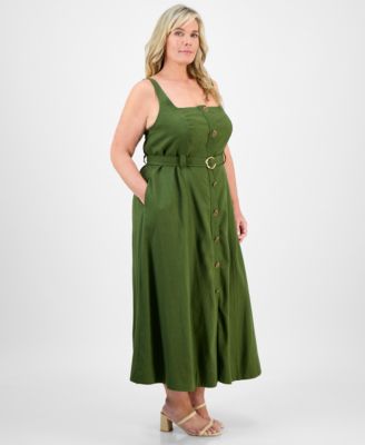 Plus Size Square-Neck Belted Button-Front Dress