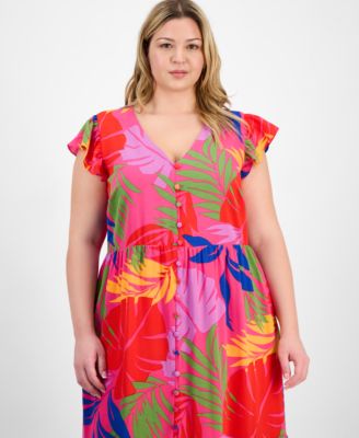 Plus Size Printed Flutter-Sleeve Midi Dress