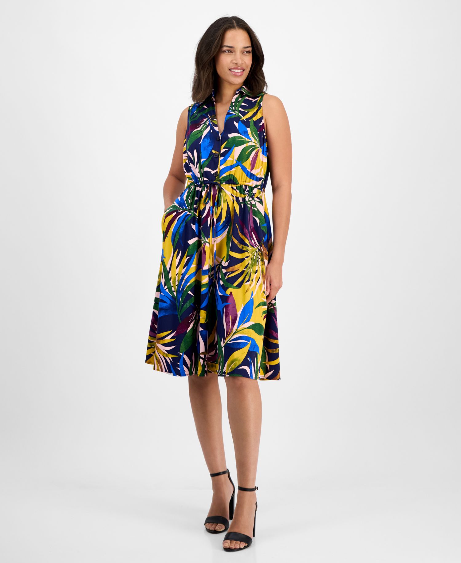 Petite Printed Sleeveless Collared Shirtdress