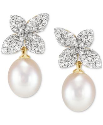 Cultured Freshwater Oval Pearl (6 - 6-1/2mm) & Lab Grown Diamond (1/2 ct. t.w.) Floral Drop Earrings in 14k Gold
