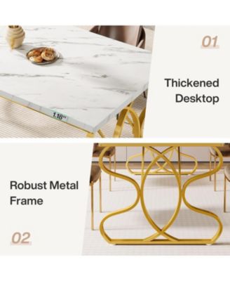 63-Inch Dining Table for 4-6 People, Rectangular Modern Kitchen Dinner Table for Dining Room, White Faux Marble and Gold