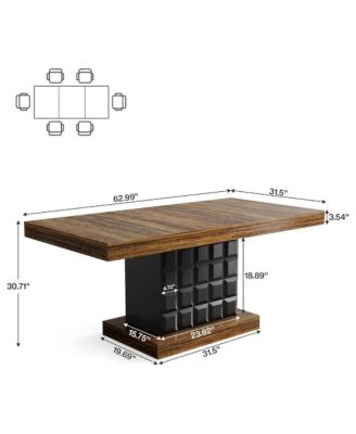 63'' Dining Table for 4-6, Farmhouse Wooden Rectangular Dinner Table with Geometric Relief, Pedestal Base