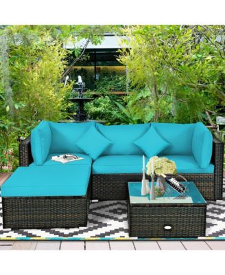 5PCS Rattan Patio Conversation Set Outdoor Furniture Set w/ Ottoman Turquoise Cushion