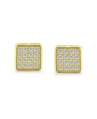 Geometric Hip Hop Square Cubic Zirconia Micro Pave CZ Stud Earrings Gold Plated .925 Sterling Silver