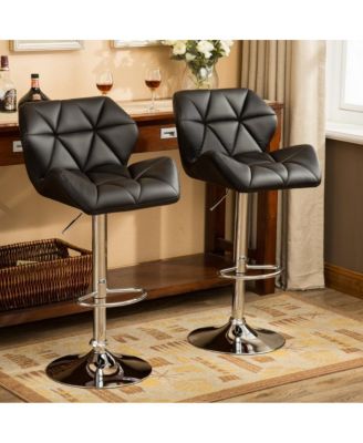 of 2 Adjustable Swivel Bar Stools with Diamond-Tufted Faux Leather Seats, Footrest, and Chrome Base for Kitchen or Home Bar