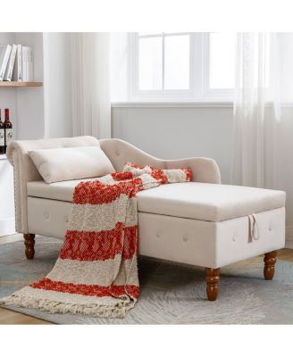 Velvet Upholstered Chaise Lounge with Storage and Pillow, Tufted Rolled Arm Chair with Nailhead Trim for Living Room or Bedroom