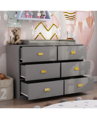 Changing table with six drawers, baby changing station with changing table top and drawers, grey wood