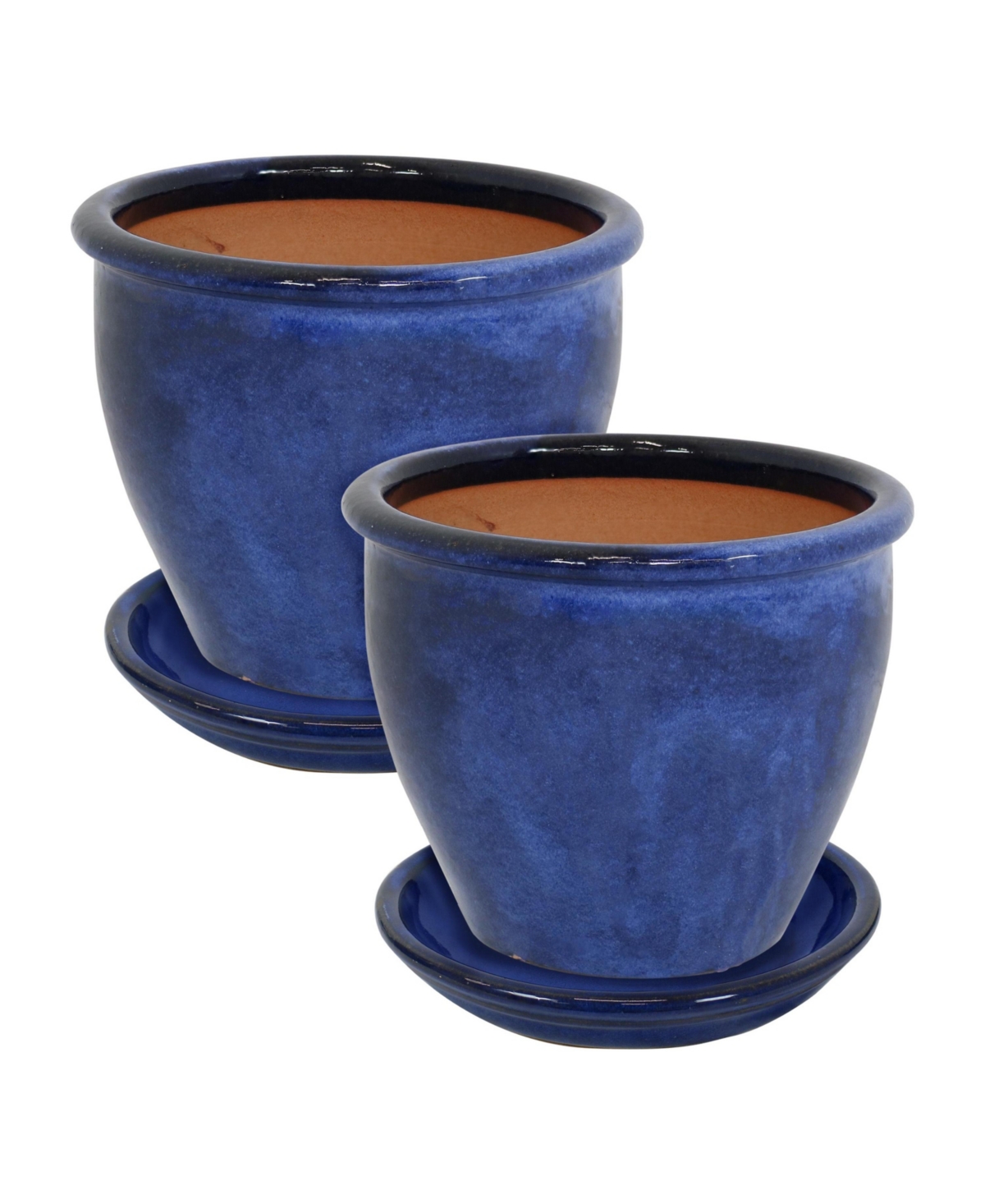 Round Ceramic Planter Set with Saucers - Set of 2 - Uv- and Frost-Resistant - Imperial Blue - 12&#x201D; Chalet Planter - Seafoam