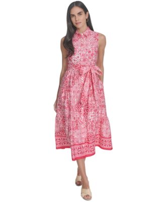 Jessica Howard - Petite Printed Tie-Waist Sleeveless Midi Dress