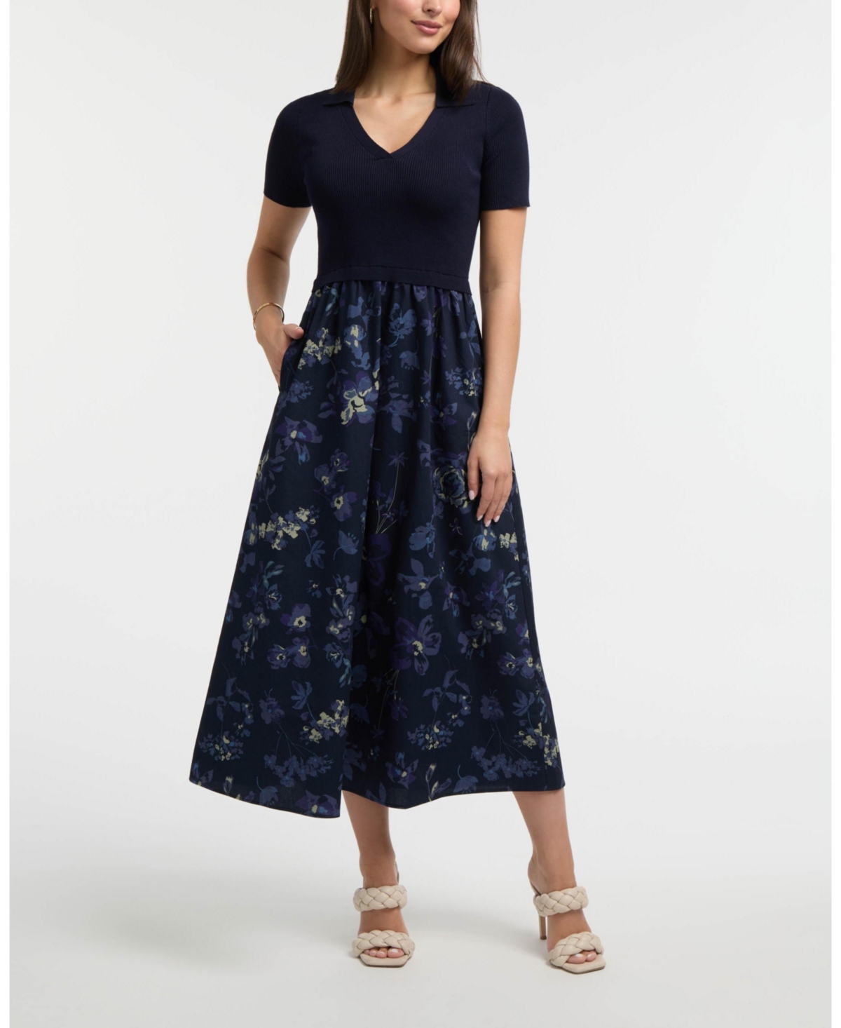 Women's Short Sleeve Polo Collar Twofer Dress - Navy