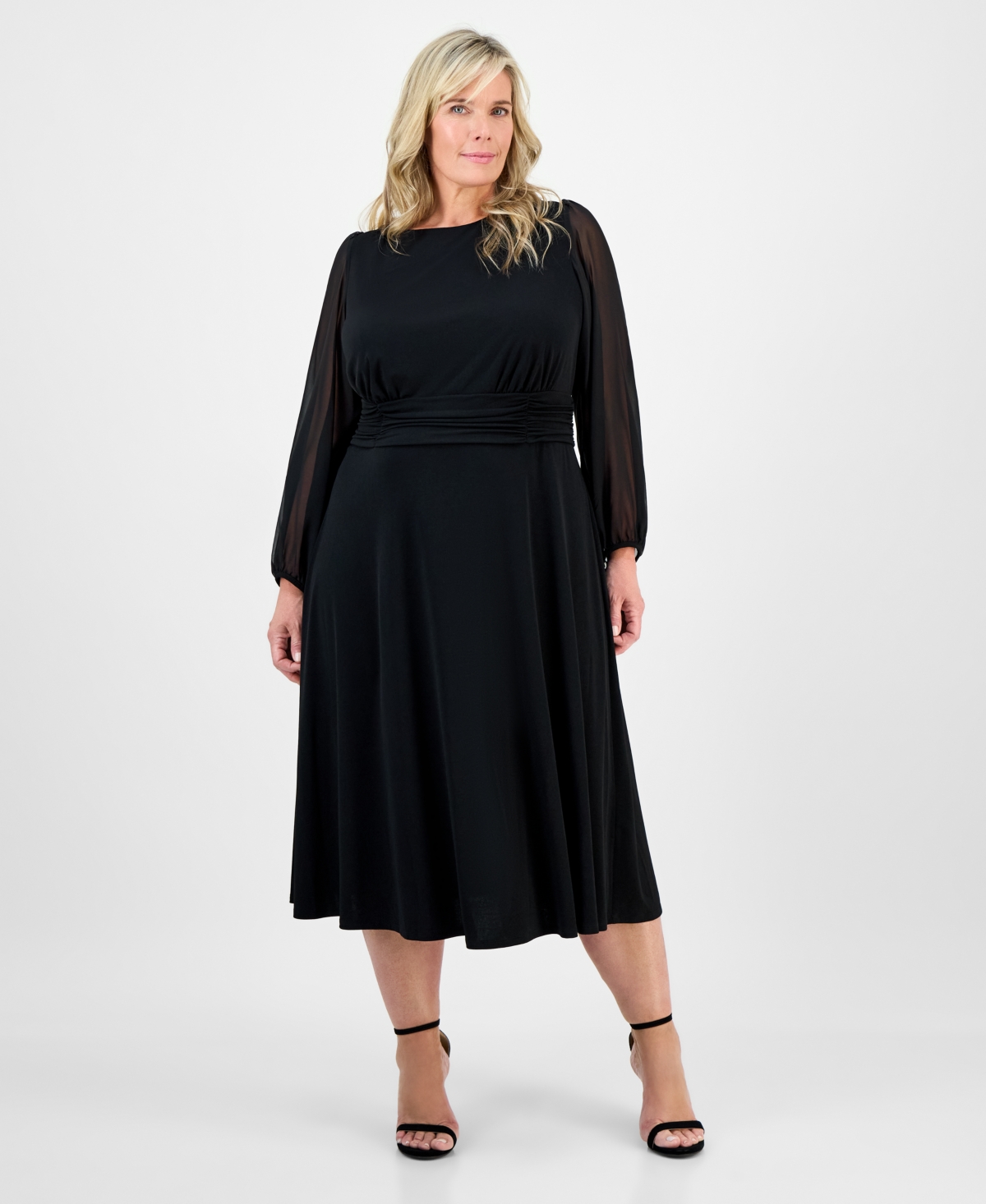 Connected Plus Size Shirred-waist Sheer-sleeve Midi Dress