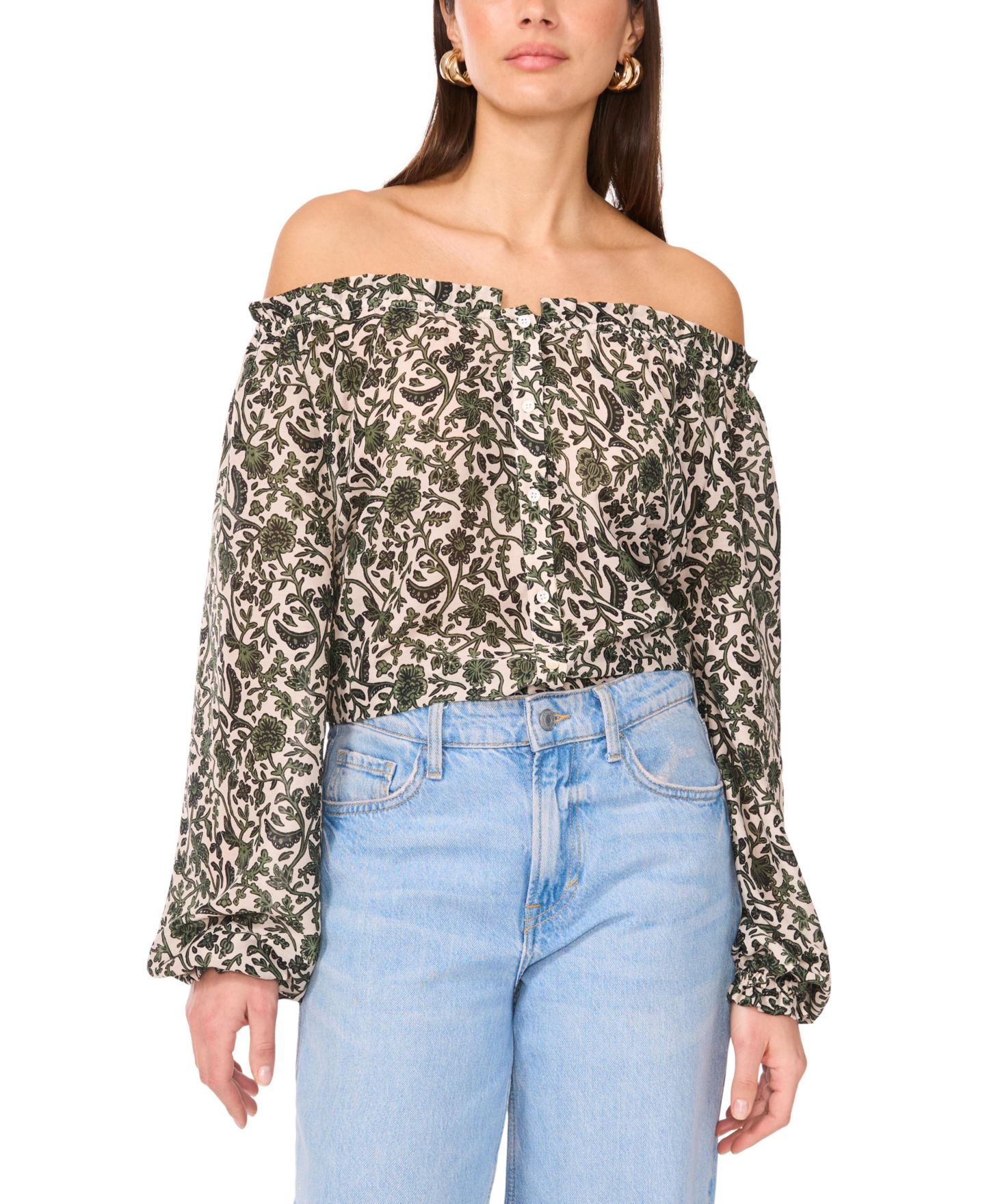 Женский топ Vince Camuto Off-The-Shoulder Long-Sleeve, цвет: Тёмный зелёный — фото 1