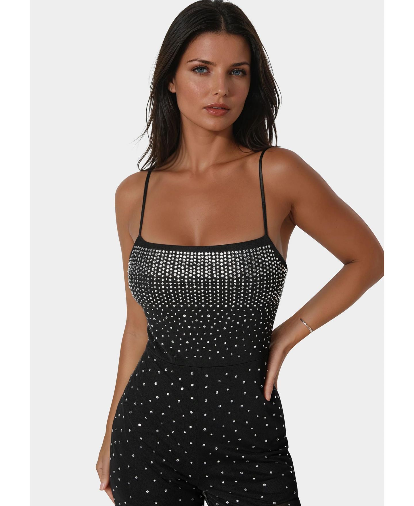 Женский комбинезон Bebe Ombre Embellished Jumpsuit, цвет: Чёрный серебряный — фото 3