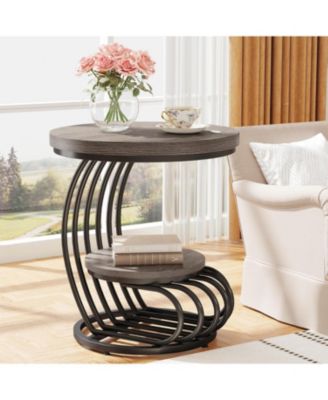 Round End Side Table Set of 2， 2 Tiers Side Table, Vintage End Table for Living Room, Small Bedside Table Accent Table with Arc-Shaped Frame
