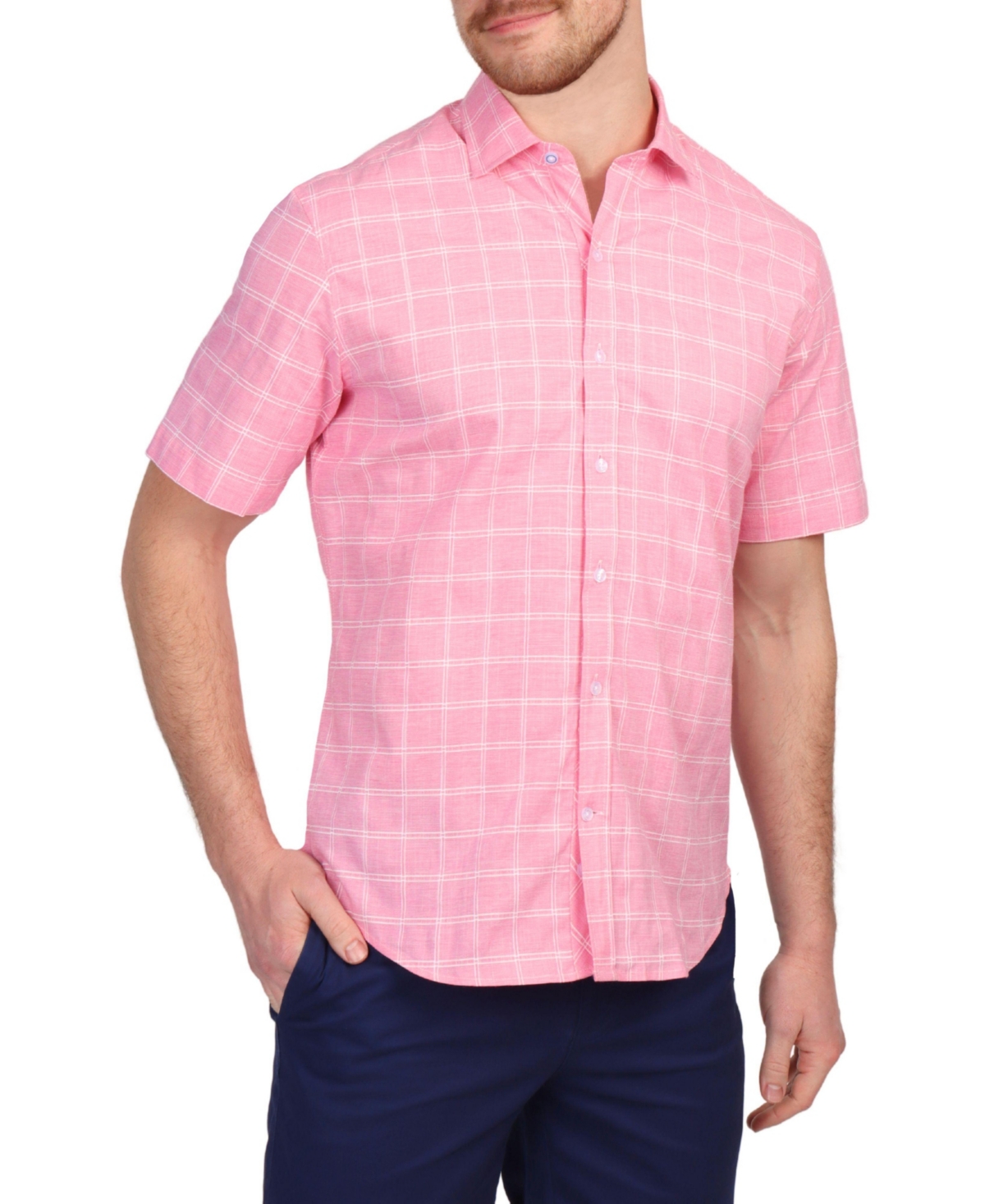 Men's Windowpane Short Sleeve Shirt - Sunwashed red