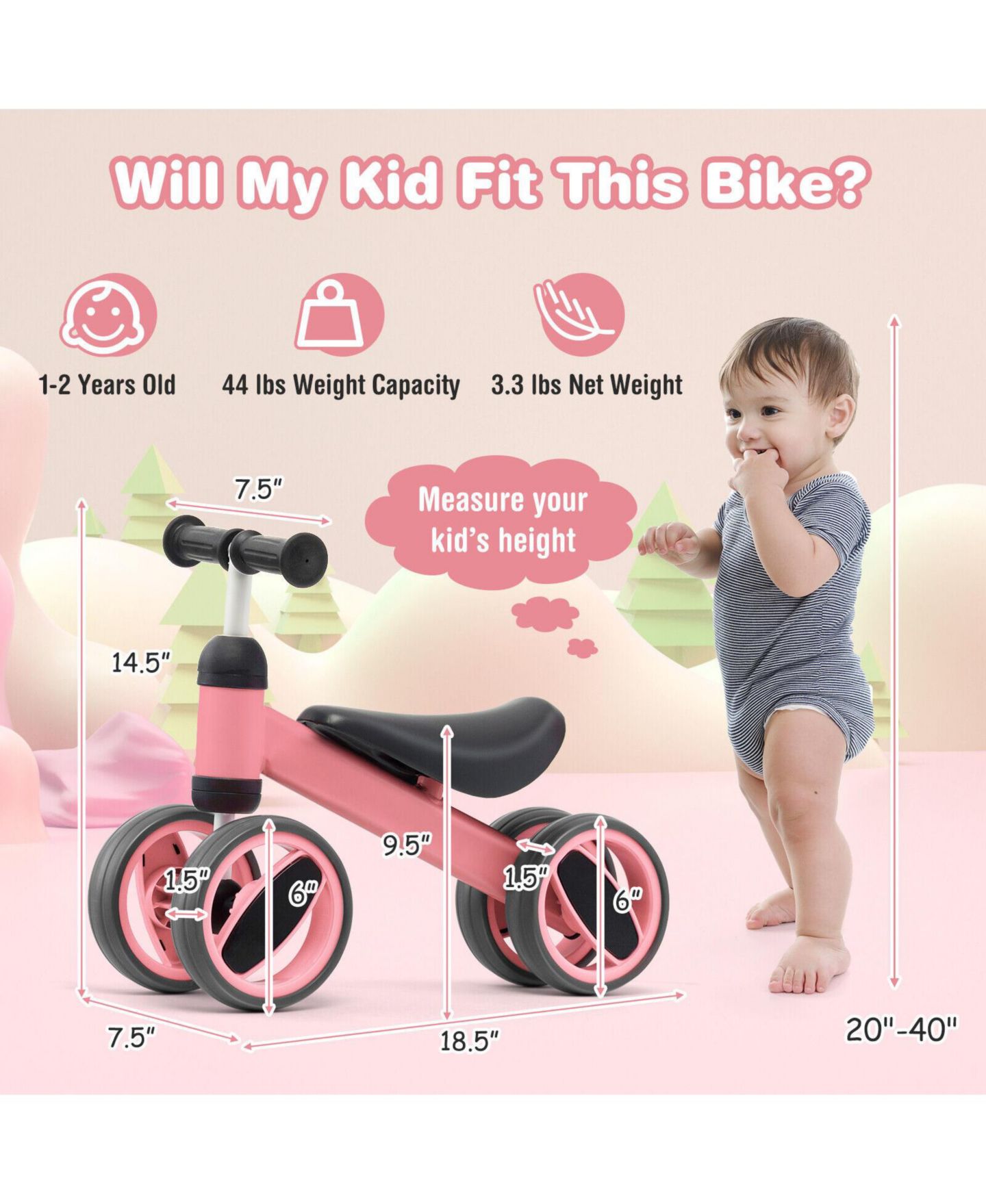Детская игрушка Mecale 4-Wheel Lightweight Balance Bike, Ages 1-2, цвет: Розовый — фото 2
