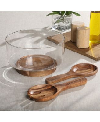 Wildgreens Large Glass Salad Bowl Set with Acacia Wood Base and Acacia Serving Utensils
