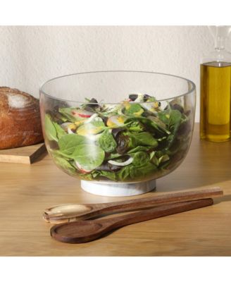Wildgreens Large Glass Salad Bowl Set with Marble Base and Acacia Serving Utensils