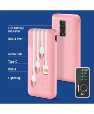 10,000mAh Rapid Charging Power Bank with LCD Battery Display, 4 Built-In Cables, and Phone Stand