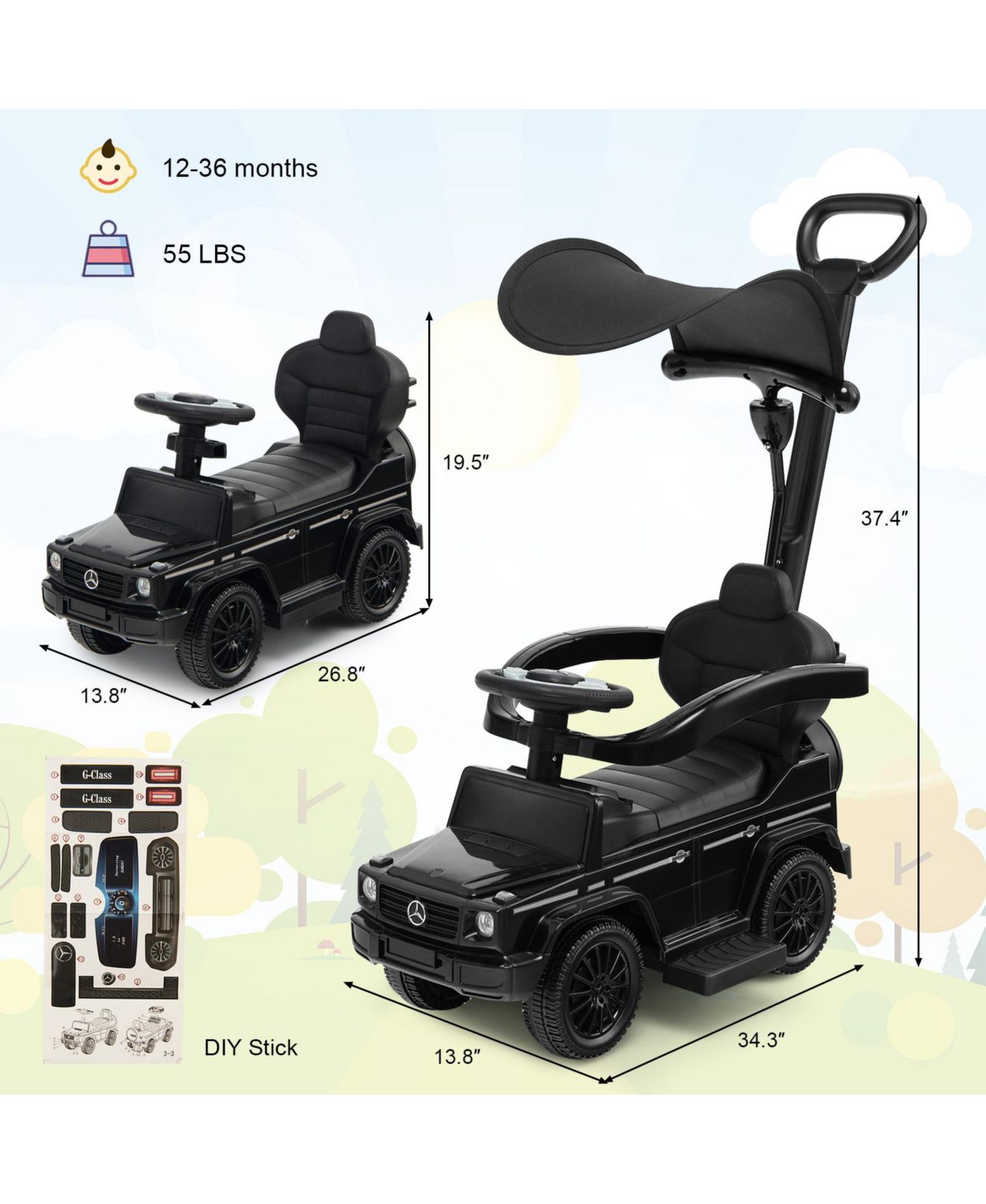 Детская игрушка Mecale Mercedes Benz G350 3-in-1 Canopy Push Car, Ages 1-4, цвет: Чёрный — фото 2