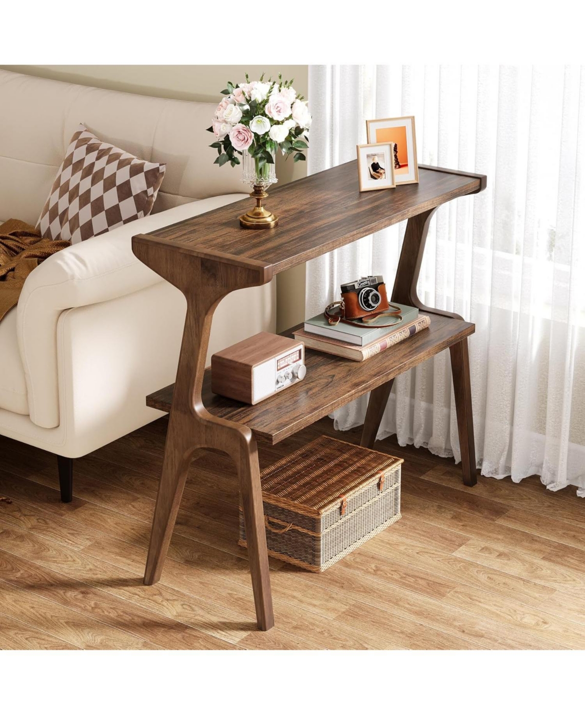 Tribesigns Set of 2 Narrow Side Table for Living Room, Farmhouse Slim End Table with Storage Shelves, for Bedroom, Small Spaces, Easy Assembly