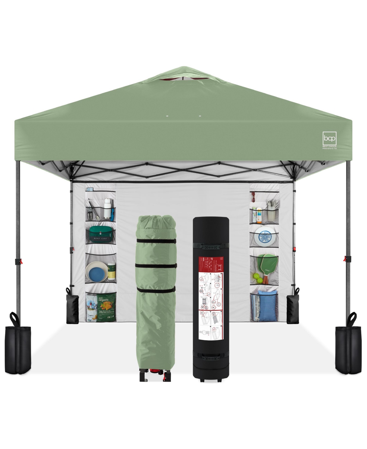 10x10ft Easy Setup Pop Up Canopy, Portable Tent w/ Side Wall, 1-Button Push, Case - Sage green