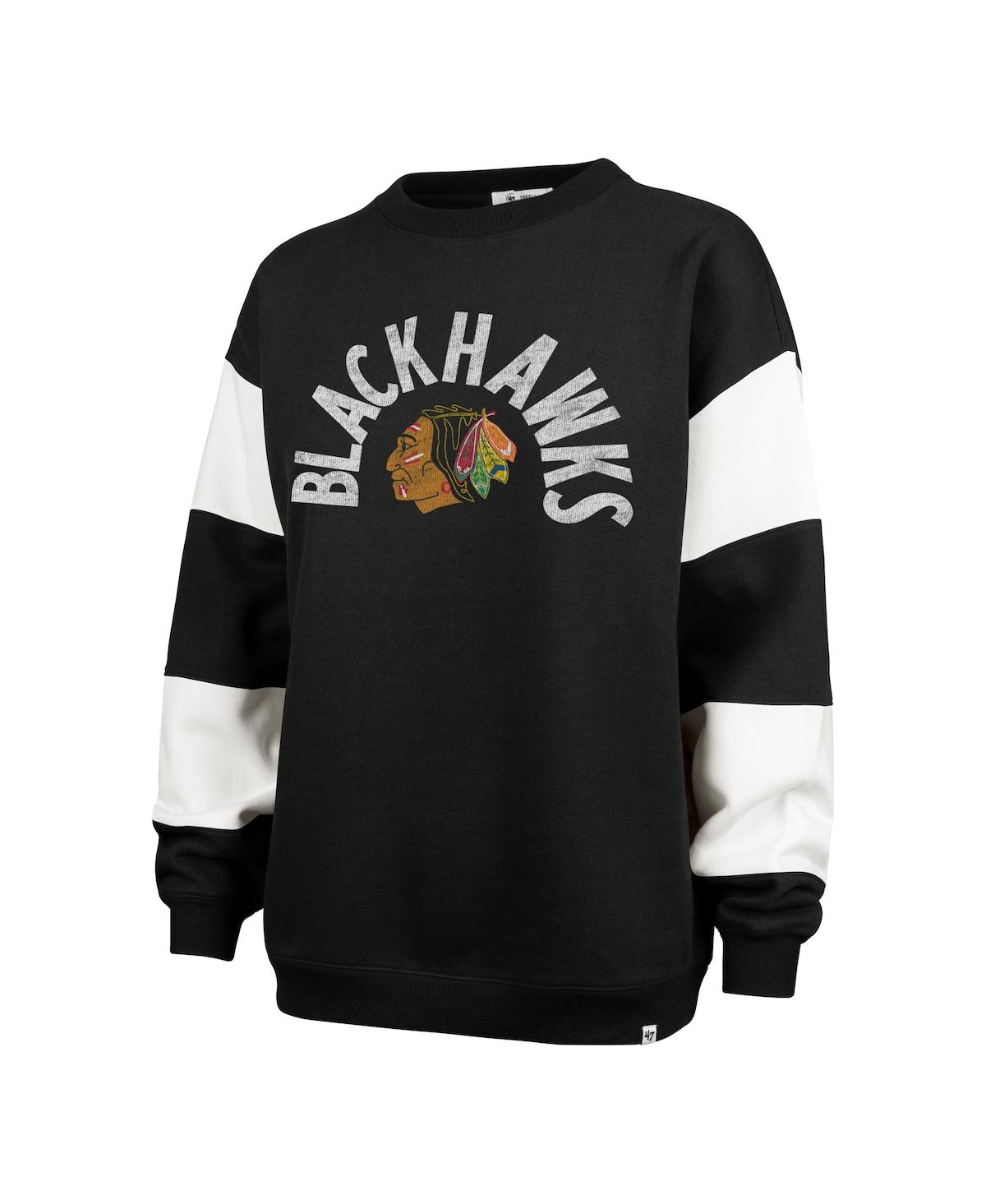 47 BRAND WOMEN'S BLACK CHICAGO BLACKHAWKS EEPHUS BARRED PULLOVER SWEATSHIRT 