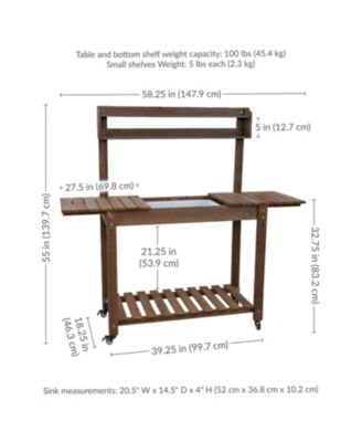 Wooden Wheeled Garden Potting Bench with Dry Sink, Storage Shelves, and Tool Hooks - Brown