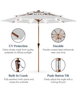 Woodgrain Pattern 10ft 3-Tier Solar Patio Umbrella w/ 24 LED Lights, Tilt