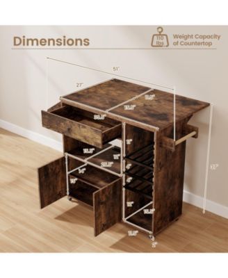 Drop Leaf Mobile Kitchen Island Cart with Power Outlet and Adjustable Shelf