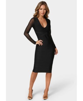 Women's V-Neck Bandage Dress with Illusion Sleeve