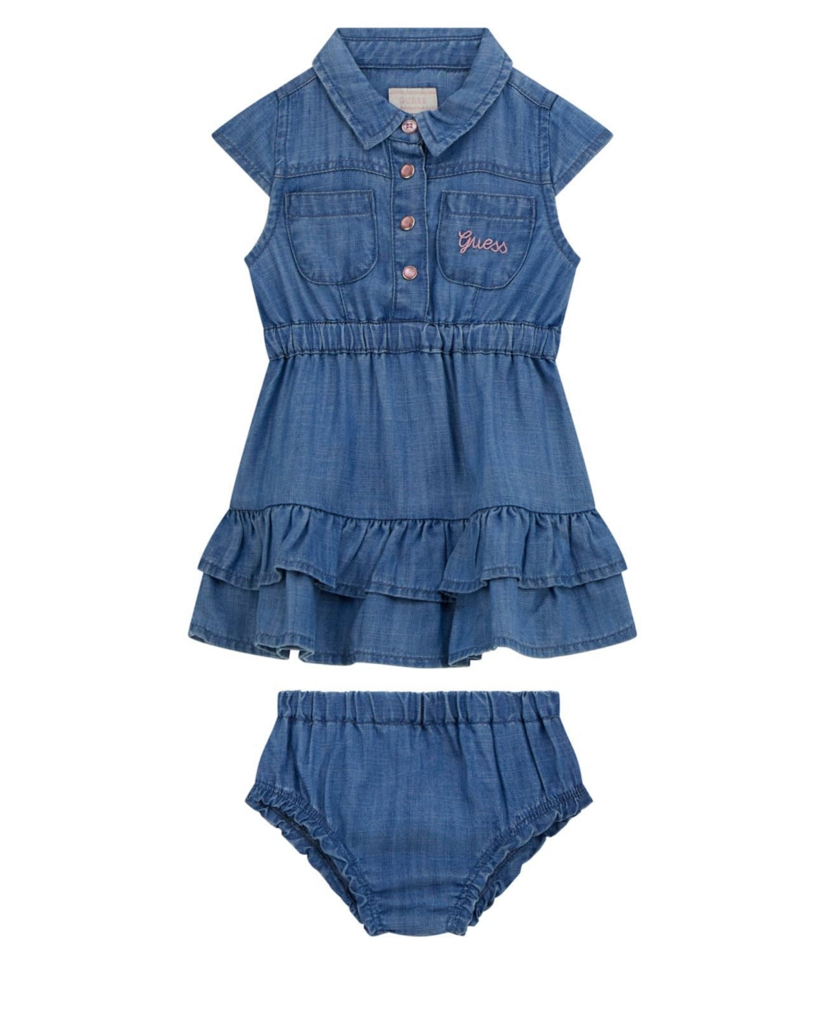 Guess Baby Girls 2-piece Cap Sleeve Slub Denim Tiered Dress And Matching Bloomer Set
