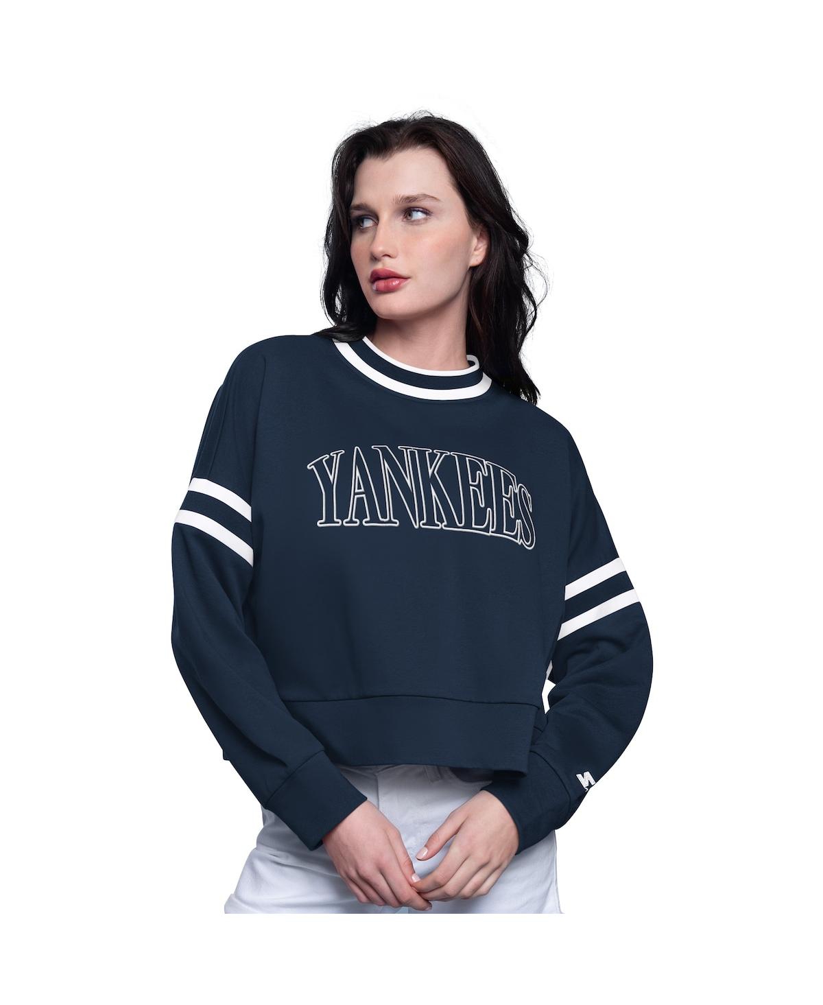 Women's Navy New York Yankees Power Play Cropped Pullover Sweatshirt - Navy