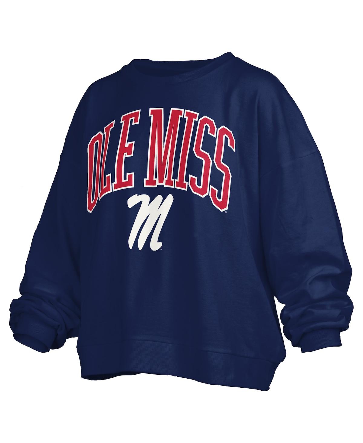PRESSBOX WOMEN'S NAVY OLE MISS REBELS JANISE ARCH OVER LOGO WAIST LENGTH OVERSIZED PULLOVER SWEATSHIRT 