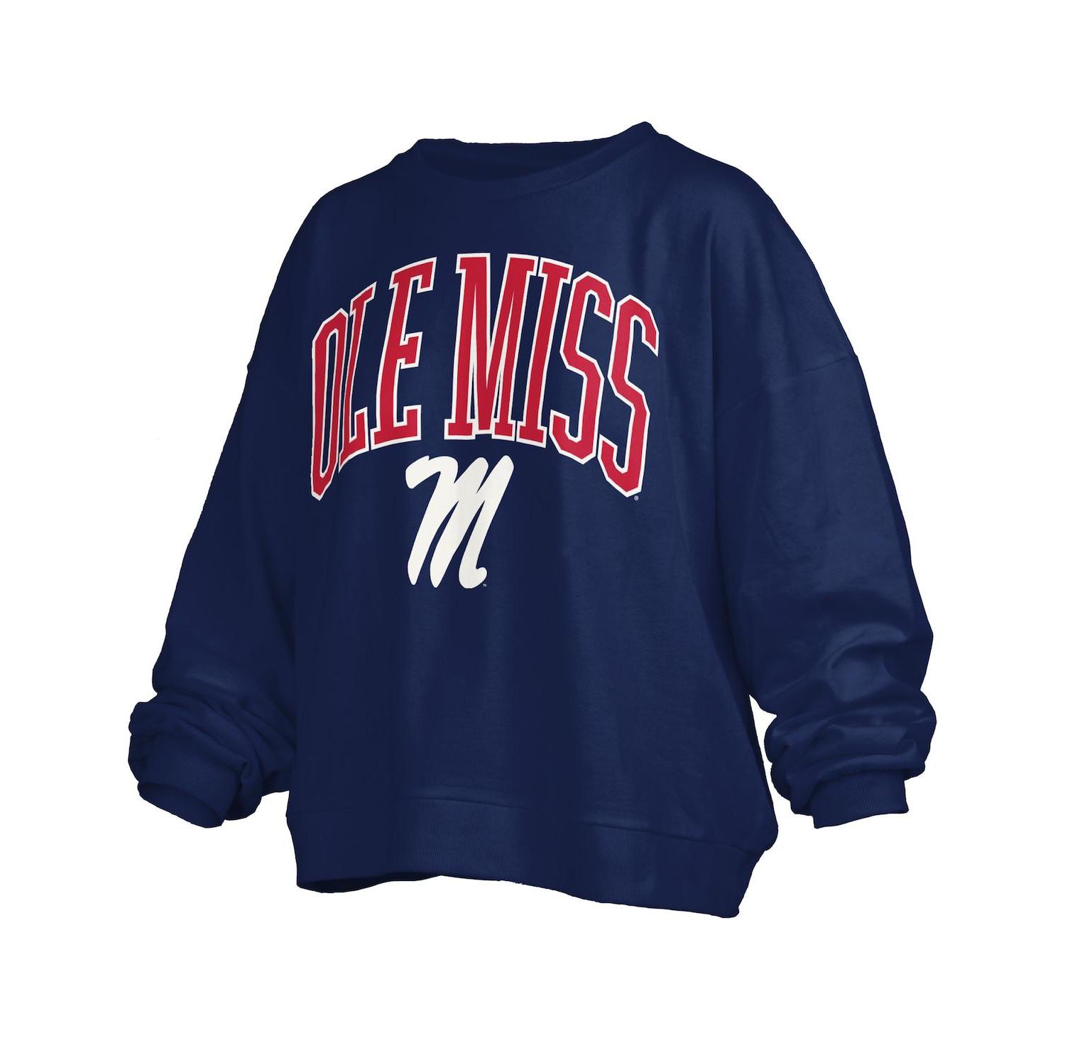 Women's Navy Ole Miss Rebels Janise Arch Over Logo Waist Length Oversized Pullover Sweatshirt