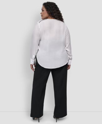 Plus Size Contrast-Trim Long-Sleeve Blouse