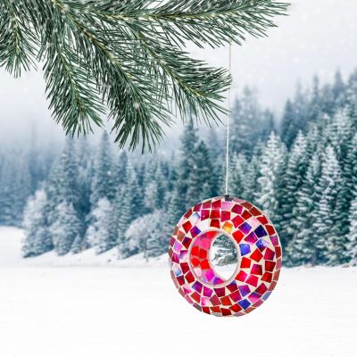 Outdoor Garden Patio Round Glass with Mosaic Design Hanging Fly-Through Bird Feeder - 6"