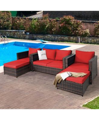 5PCS Outdoor Patio Rattan Conversation Sofa Furniture Set w/ Red Cushions