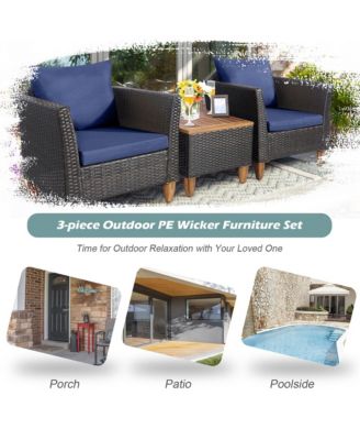 3PCS Patio Furniture Set Conversation Bistro Set w/ Acacia Wood & Cushions Navy