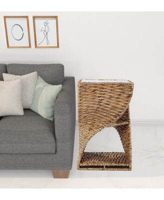 Square End Table with Rattan Swirl Design and Glass Top for Indoor Spaces