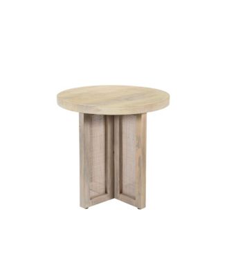22-Inch Round End Table Natural Solid Wood Top with Rattan Base for Farmhouse Decor
