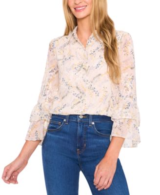 CeCe - Women's Printed Long-Sleeve Ruffle-Cuff Blouse