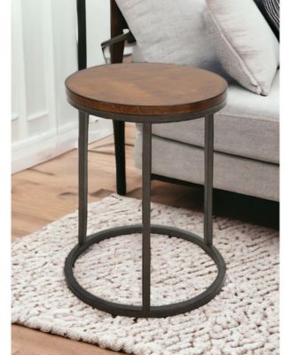 Wood and Iron Round Accent Table – Industrial Style with Rustic Charm for Living Room