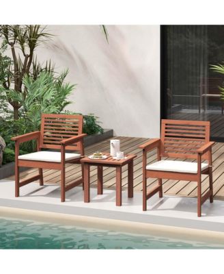 3 PCS Patio Furniture Set with 2 Seat Cushions Coffee Table Solid Wood Chairs