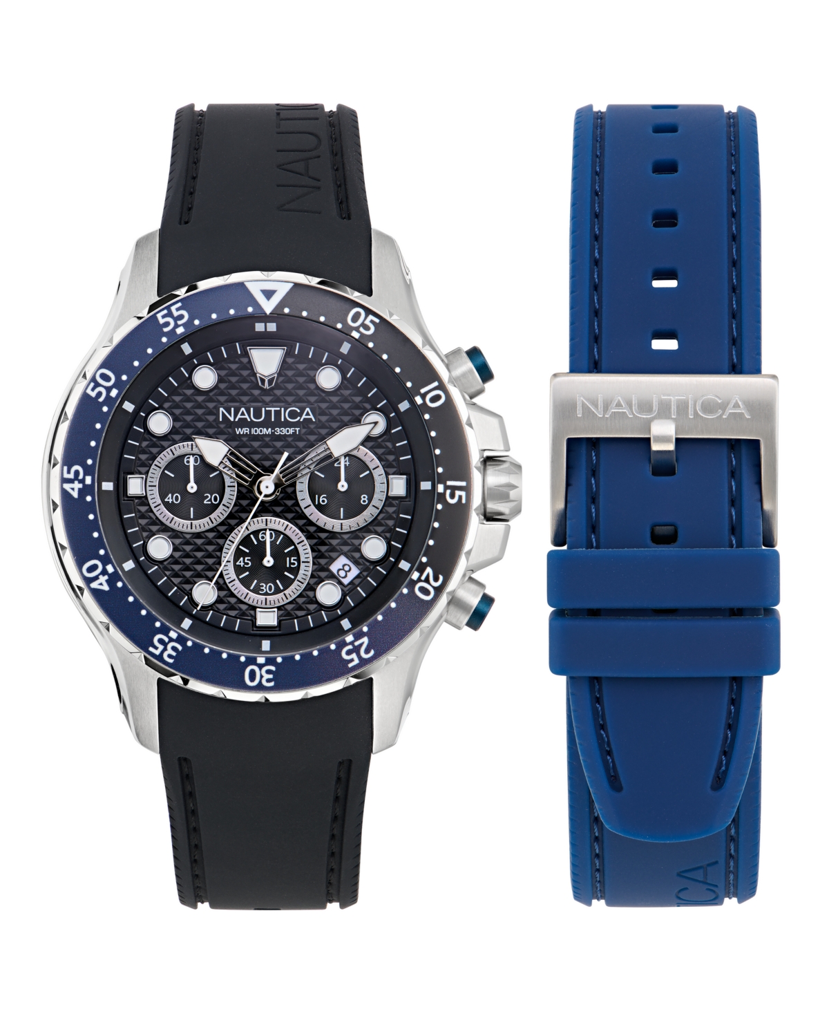 Men's Chronograph Black Silicone Watch Set, 44mm - Black
