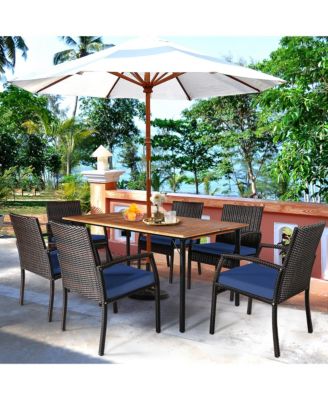 7PCS Patio Dining Furniture Set Yard w/ Wooden Tabletop Navy Cushions